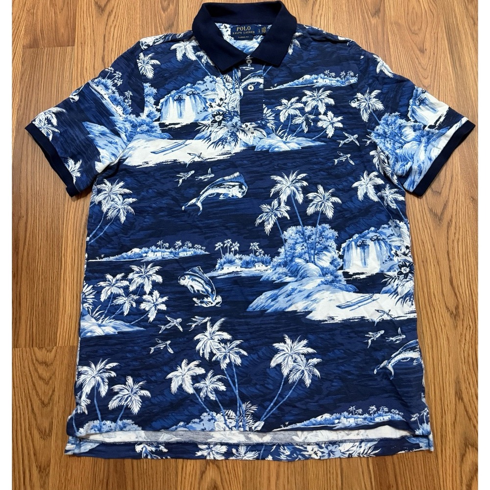Ralph Lauren Polo Shirt Mens Large Classic Fit Hawaiian Tropical Fish Print